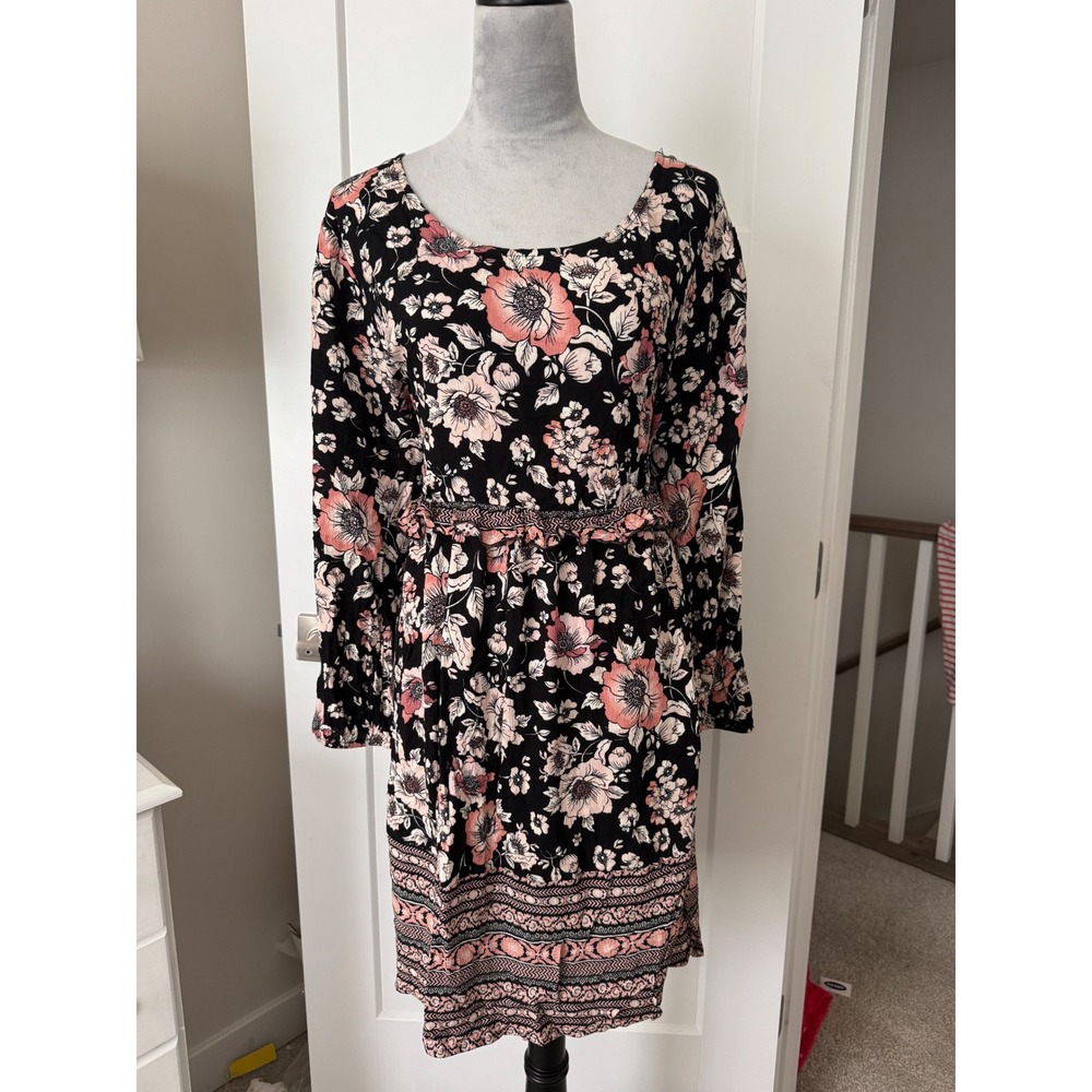 Wallflower Womens Black Pink Floral Long Sleeve Boho Dress Plus Size 2X